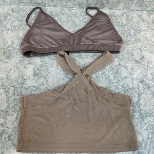 POL Clothing 2 Piece Set L Tan Mauve Ribbed Halter Crop Top & Satin Bralette